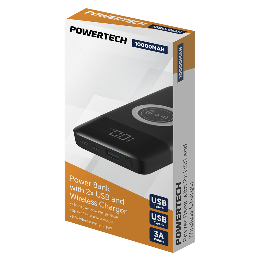 10,000mAh Power Bank with 2 x USB and Wireless Charger - Black