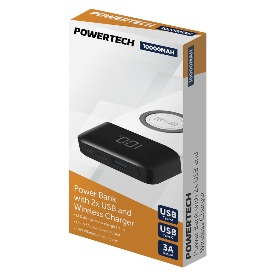 10,000mAh Power Bank with 2 x USB and Wireless Charger - White