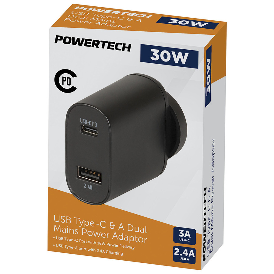 30W USB Type-C &amp; A Dual Mains Power Adaptor 