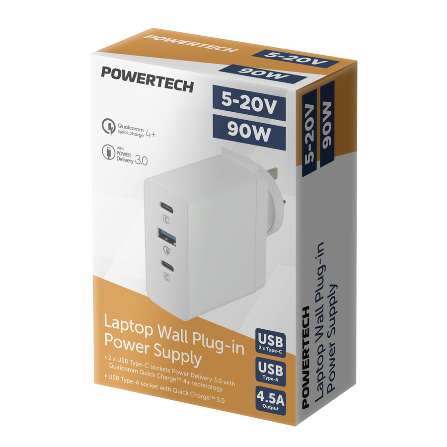 5-20V 90W Laptop Wall Plugin Power Supply with 2 x USB-C (PD3.0QC4.0+) and USB-A (QC3.0)