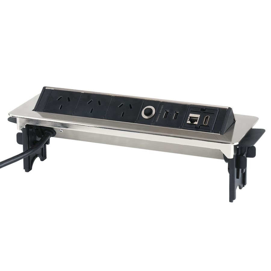 3-Way In Desk Powerboard with 2 x USB, HDMI + Ethernet