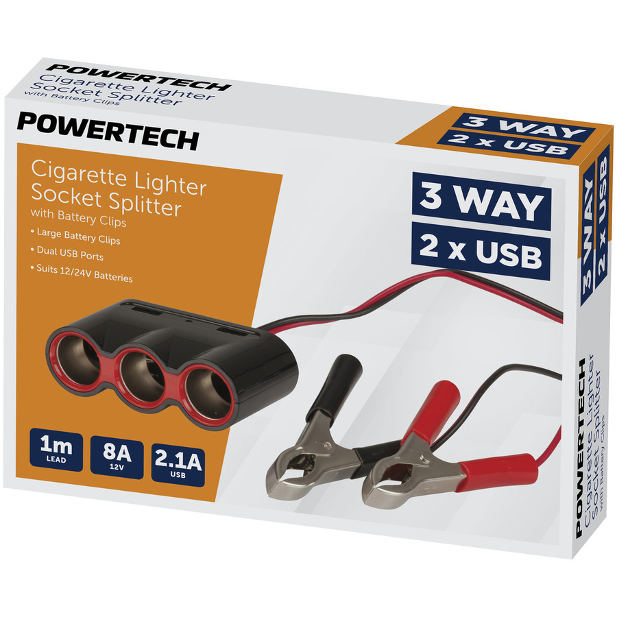 3 Way Lighter Socket with Battery Clips and USB Charge Ports