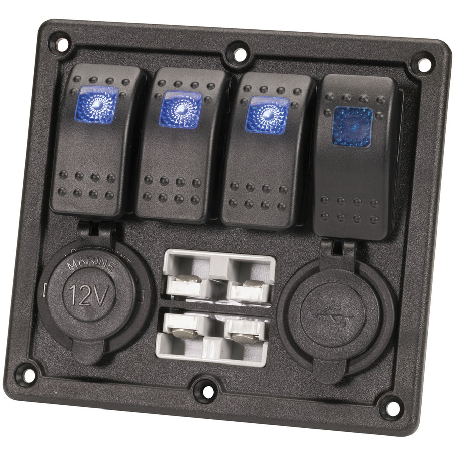 4 Way Illuminated Switch Panel With USB, 12V and 2 x Battery Plugs