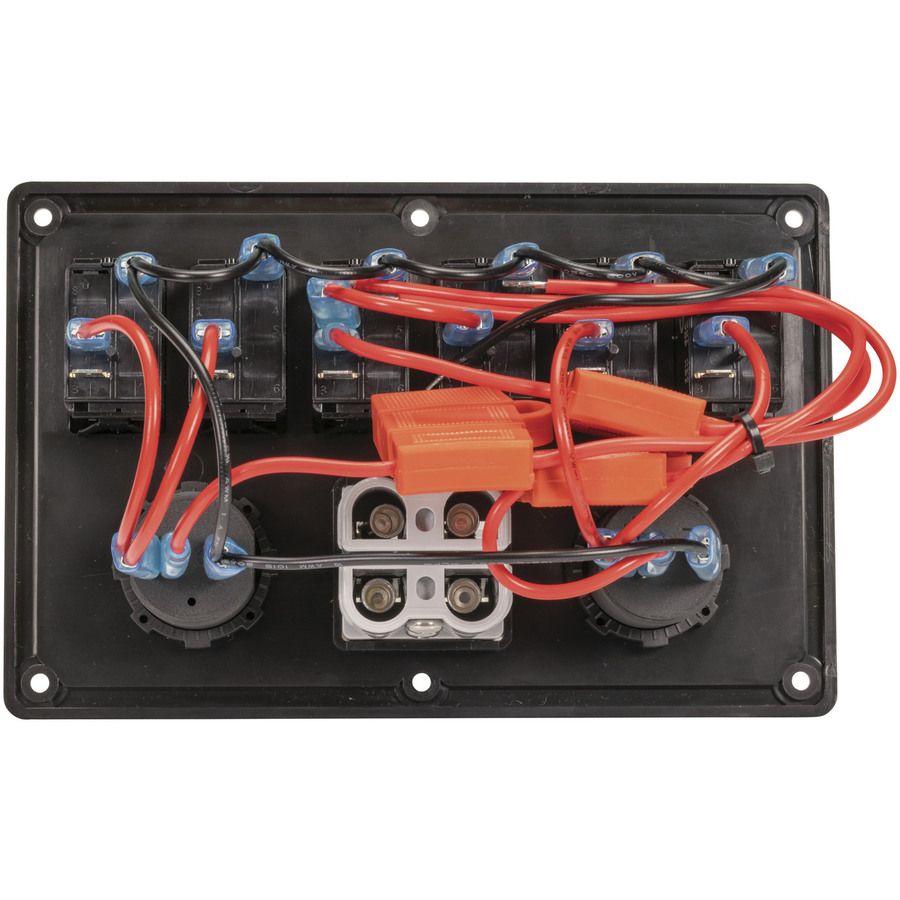 6 Way Illuminated Switch Panel With USB, 12V and 2 x Battery Plugs