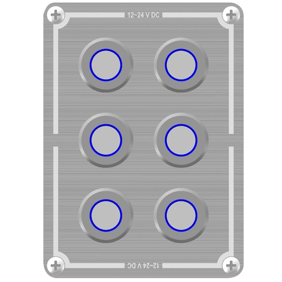 Powertech 6 Way Stainless Steel Switch Panel With Blue Illuminated Switches