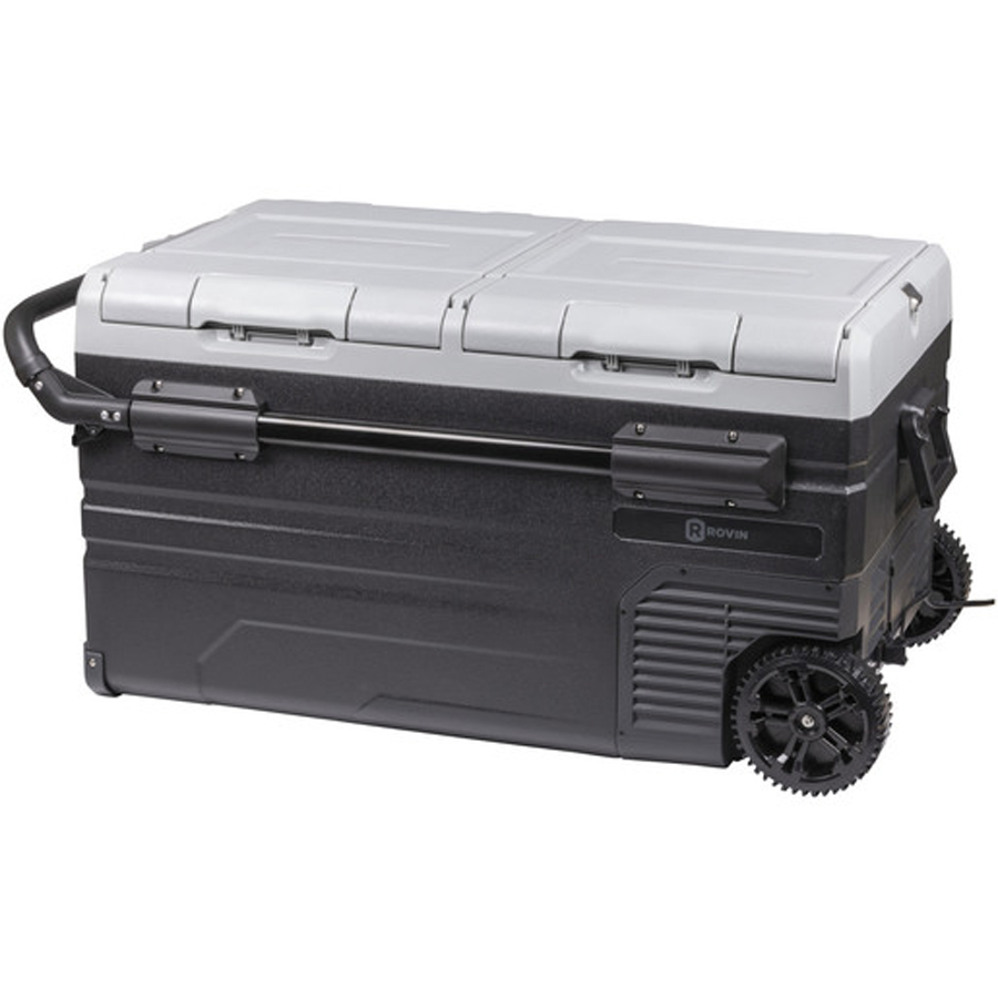 75L Rovin Dual Zone Portable Fridge or Freezer with Solar Charger Board plus Handle+Wheels and Batte