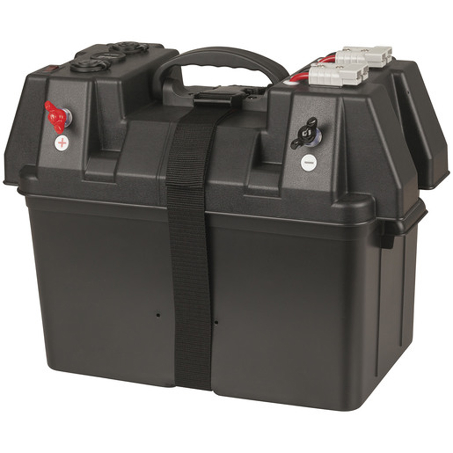 Battery Box with Voltmeter and Dual USB Charger and Dual High Current Plugs 