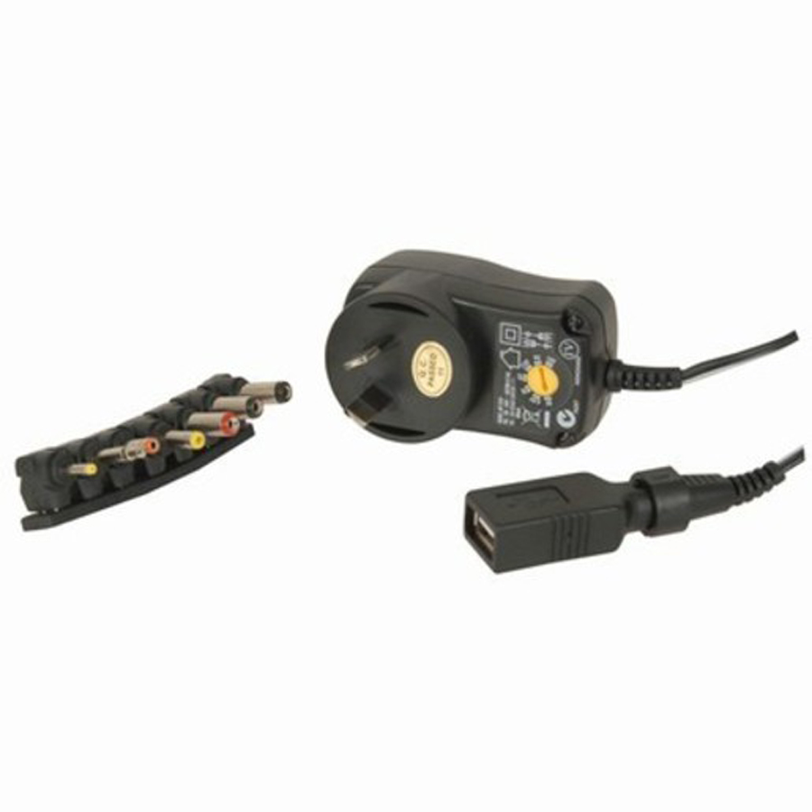 3-12V DC 18W Power Supply 7DC Plugs and USB Outlet 