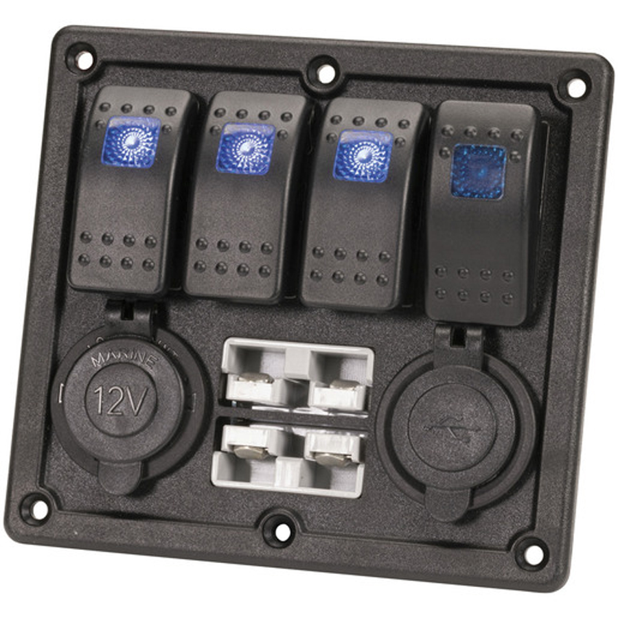 4 Way Illuminated Switch Panel With USB, 12V and 2 x Battery Plugs 
