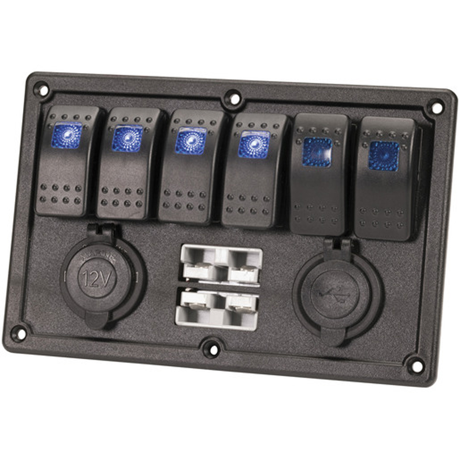 6 Way Illuminated Switch Panel With USB, 12V and 2 x Battery Plugs 