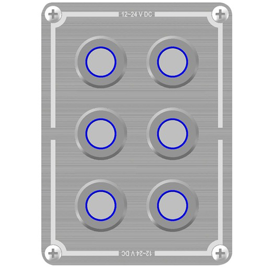 Powertech 6 Way Stainless Steel Switch Panel With Blue Illuminated Switches 