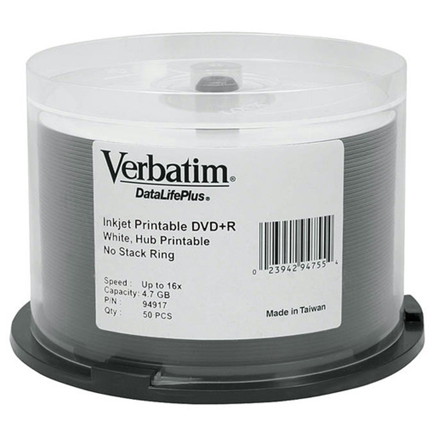 Verbatim DataLifePlus (Azo) DVD+R 4.7 GB White Inkjet Printable 50 Pack Spindle 16x 